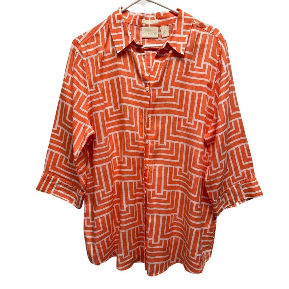 Chicos No-Iron Linen Blend‎ Shirt Orange White Geometric Button Back Top Size 2